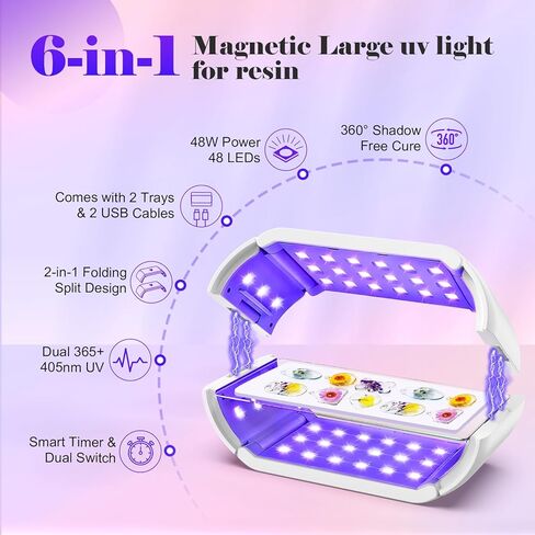 UV Light for Resin — 48 LEDs Double-Sided 360° Lamp, 365-405nm, 1-10min Timer, 2 Heat-Resist PCBs, 1 Adapter & 2 USB Cables, for Molds, Jewelry, Crafts & Batch Curing — for Beginners, DIYers & Pros in Saudi Arabia