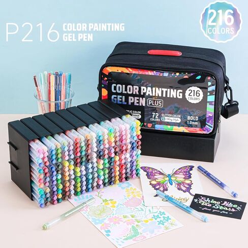 216 Pack Gel Pens for Coloring, 144 Colors Acrylic Gel Pens 72 Colors Glitter Pen with 1.0MM Fine Point, Drawing Colored Pen for Black Paper, Books, Writing, Journaling, Drawing in Saudi Arabia