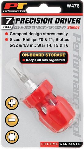 Performance Tool W487 7-in-1 Stubby Screwdriver Set with Phillips, Slotted and Star Bits - Compact Design with On-board Bit Storage in Saudi Arabia