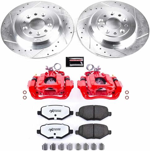 طقم الفرامل الخلفية والفرجار PowerStop لسيارة Ford Edge 2011-12 | لينكولن MKX 2011-12 - دوارات قرصية محفورة ومشقوقة + تيل فرامل Z36 + ملاقط مطلية بمسحوق أحمر، KC4744C-36 in Kuwait