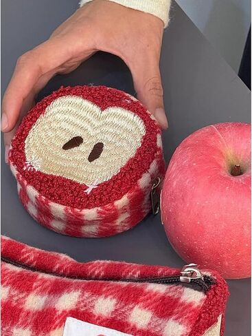 حقيبة نسائية من Whimsy Twee Apple حقيبة لسماعات الرأس وحامل أقلام وسحاب وحقيبة مكياج غير تقليدية ومحفظة فاكهة Y2k (أحمر، دائرة) in Kuwait