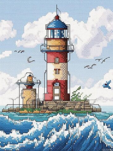 MIJVFNB Lighthouse and Wave Sea Gull Cross Stitch Kits for Beginners Pattern Stamped Cross Stitch Supplies Needlework DIY 11CT 3 Strands Cotton Thread Printed DIY Needlepoint Kits, 12x16 inch in Kuwait