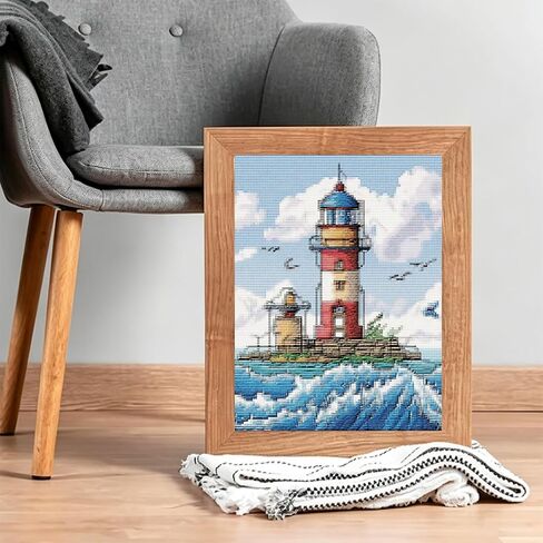 MIJVFNB Lighthouse and Wave Sea Gull Cross Stitch Kits for Beginners Pattern Stamped Cross Stitch Supplies Needlework DIY 11CT 3 Strands Cotton Thread Printed DIY Needlepoint Kits, 12x16 inch in Kuwait