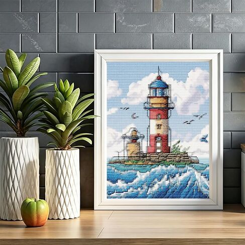 MIJVFNB Lighthouse and Wave Sea Gull Cross Stitch Kits for Beginners Pattern Stamped Cross Stitch Supplies Needlework DIY 11CT 3 Strands Cotton Thread Printed DIY Needlepoint Kits, 12x16 inch in Kuwait