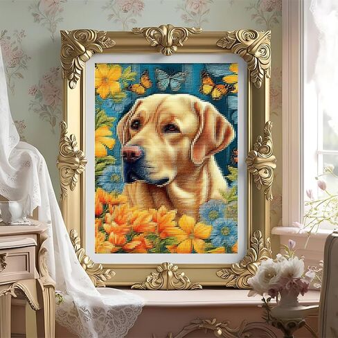 KFBXZIP Floral Yellow Labrador Cross Stitch Kits for Beginners Stamped Cross Stitch Supplies Needlework DIY 11CT 3 Strands Cotton Thread Printed DIY Needlepoint Kits, 12x16 inch in Saudi Arabia