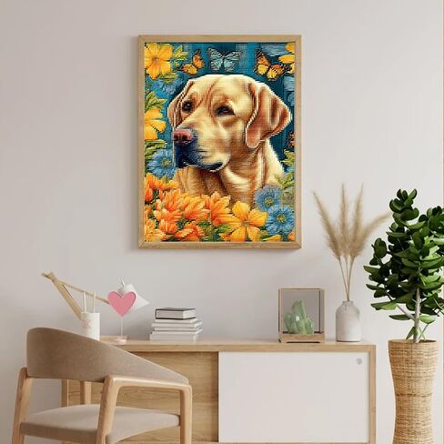 KFBXZIP Floral Yellow Labrador Cross Stitch Kits for Beginners Stamped Cross Stitch Supplies Needlework DIY 11CT 3 Strands Cotton Thread Printed DIY Needlepoint Kits, 12x16 inch in Saudi Arabia