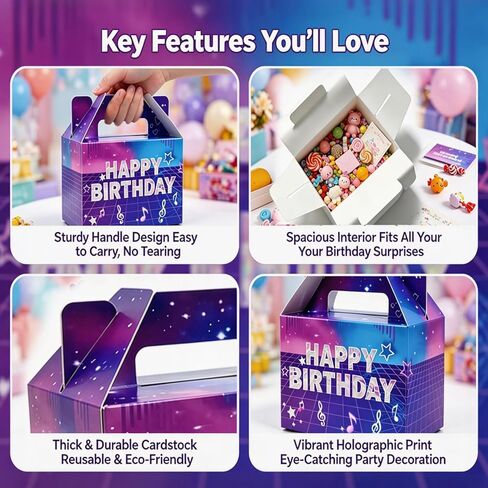 XFzzrsdz 30 Pack Kpop Birthday Party Favor Boxes with Handles, Neon Purple Music Note Kpop Themed Treat Gift Boxes for Anime Movie Birthday Party Decorations, 5.9x3.6x6.1 Inch in Saudi Arabia