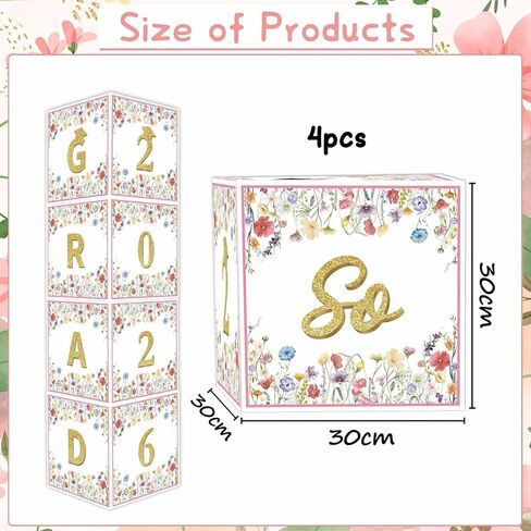 Zliisang 4 قطع صندوق بالونات التخرج من الزهور البرية فئة 2026 ديكورات الحفلات صناديق تخرج الزهور مع حروف GRAD 2026 وفخور جدًا بك تهانينا ديكور التخرج زهور وردية هدايا حفلات التخرج in Kuwait