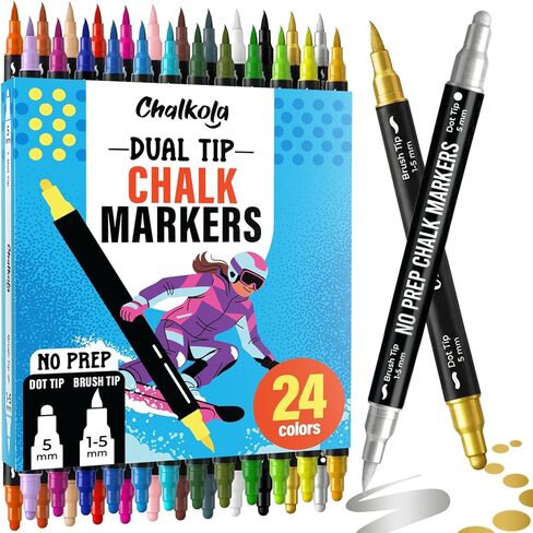 Chalkola Dual Tip Chalk Markers for Blackboard - (24 Colors, Dot + Brush Tip, No Pumping) | Erasable Liquid Chalk Markers for Chalkboard, Glass, Car Window, Mirror - Washable Water Based Ink Pen in Saudi Arabia