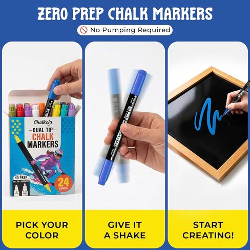 Chalkola Dual Tip Chalk Markers for Blackboard - (24 Colors, Dot + Brush Tip, No Pumping) | Erasable Liquid Chalk Markers for Chalkboard, Glass, Car Window, Mirror - Washable Water Based Ink Pen in Saudi Arabia