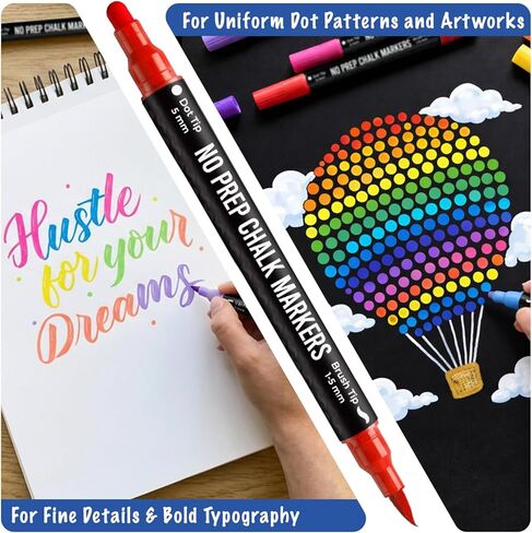 Chalkola Dual Tip Chalk Markers for Blackboard - (24 Colors, Dot + Brush Tip, No Pumping) | Erasable Liquid Chalk Markers for Chalkboard, Glass, Car Window, Mirror - Washable Water Based Ink Pen in Saudi Arabia
