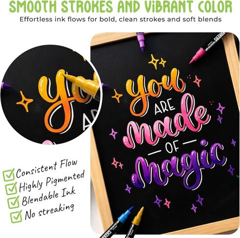 Chalkola Dual Tip Chalk Markers for Blackboard - (24 Colors, Dot + Brush Tip, No Pumping) | Erasable Liquid Chalk Markers for Chalkboard, Glass, Car Window, Mirror - Washable Water Based Ink Pen in Saudi Arabia