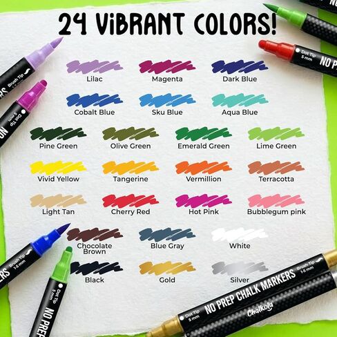 Chalkola Dual Tip Chalk Markers for Blackboard - (24 Colors, Dot + Brush Tip, No Pumping) | Erasable Liquid Chalk Markers for Chalkboard, Glass, Car Window, Mirror - Washable Water Based Ink Pen in Saudi Arabia