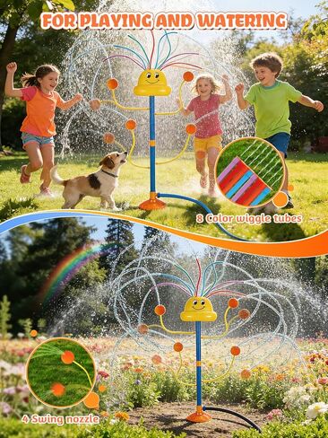 VATOS Water Sprinkler Outdoor Yard Toy for Kids, Smile Face Rainbow Splash Toy with 8 Wiggle Tubes 4 Nozzle, Backyard Lawn Water Sprinkler, Summer Family Games, Fun Water Toys for Kids 3-8 Boy Girl in Saudi Arabia