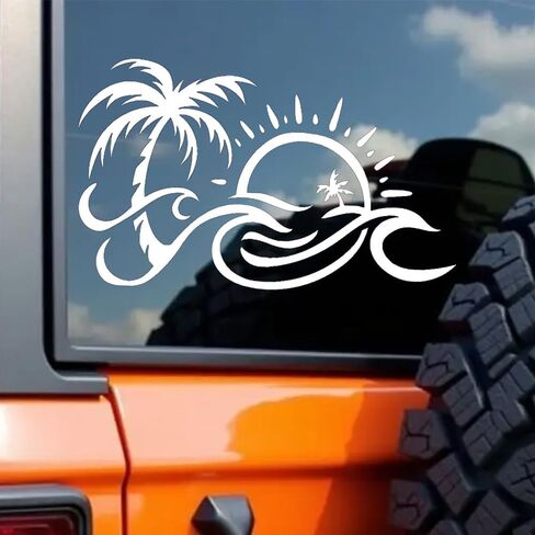 2pcs 6.69"x3.94" Palm Tree and Sun Wave Vinyl Decal - Tropical Beach Design Adhesive Sticker for Car, Laptop, and Truck Decoration, Durable Car Sticker #2BZ309 in Saudi Arabia