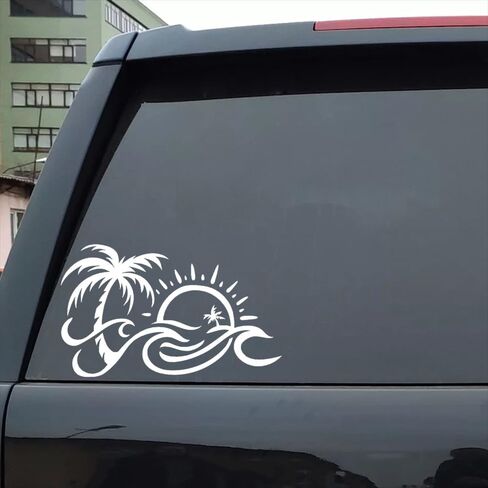 2pcs 6.69"x3.94" Palm Tree and Sun Wave Vinyl Decal - Tropical Beach Design Adhesive Sticker for Car, Laptop, and Truck Decoration, Durable Car Sticker #2BZ309 in Saudi Arabia