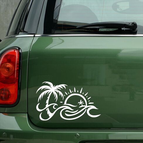 2pcs 6.69"x3.94" Palm Tree and Sun Wave Vinyl Decal - Tropical Beach Design Adhesive Sticker for Car, Laptop, and Truck Decoration, Durable Car Sticker #2BZ309 in Saudi Arabia
