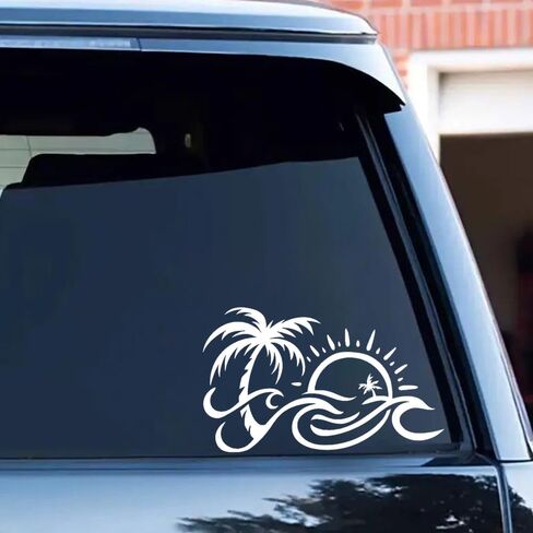 2pcs 6.69"x3.94" Palm Tree and Sun Wave Vinyl Decal - Tropical Beach Design Adhesive Sticker for Car, Laptop, and Truck Decoration, Durable Car Sticker #2BZ309 in Saudi Arabia
