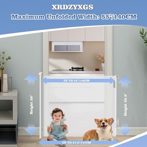 Retractable Baby Gate for Stairs Doorways - Extra Wide 55" No-Drill Pressure Mount OR Screw Mount, Space Saving Mesh Gate with No Bottom Bar Trip Hazard, for Indoor Outdoor Use with Kids, Dogs & Cats in Saudi Arabia
