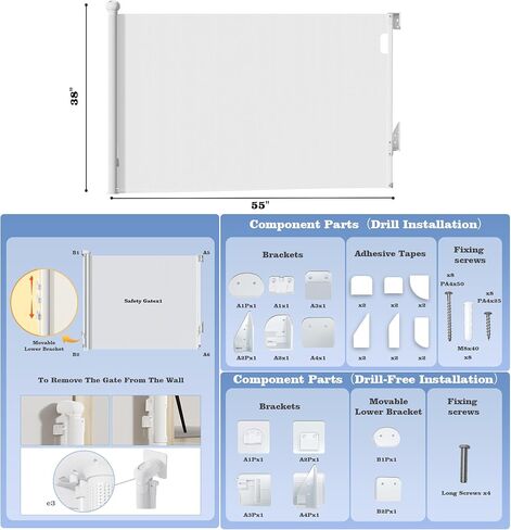 Retractable Baby Gate for Stairs Doorways - Extra Wide 55" No-Drill Pressure Mount OR Screw Mount, Space Saving Mesh Gate with No Bottom Bar Trip Hazard, for Indoor Outdoor Use with Kids, Dogs & Cats in Saudi Arabia