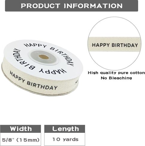 5/8 Inch Happy Birthday Ribbon 10 Yards Natural Cotton Herringbone Webbing Ribbon for Gift Wrapping, Bouquets, Crafts, Birthday Decor, 1 roll in Saudi Arabia