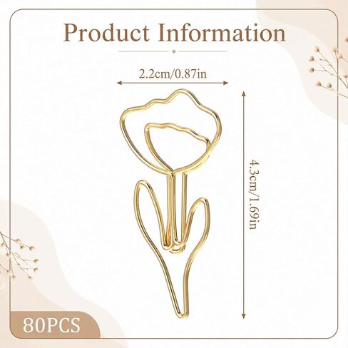 80 PCS Flower Paper Clips, Floral Cute Paper Clips Decorative Shaped Papers Clip Gold Fancy Cute Paperclips for Office and Home Supplies Wedding Decoration Desk File Documents Receipts Organization in Saudi Arabia