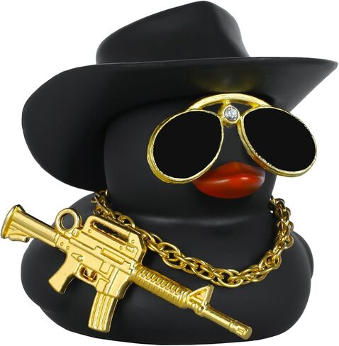 Black Funny Rubber Duck Car Ornament with Cowboy Hat, Mosaic Sunglasses, Black Scarf, Gold Necklace & M416 Gun, Dashboard Decor for Car & Office, Cool Military Style Accessory Gift in Saudi Arabia