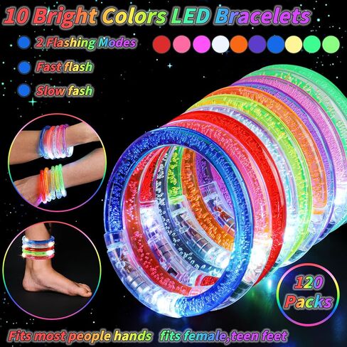 120 Pack Glow Bracelets Bulk, Glow in the Dark Party Supplies 10 Color LED Light Up Bracelets for Adults & Kids Birthday Wedding Party Favors Concert New Year Carnival Raves in Saudi Arabia