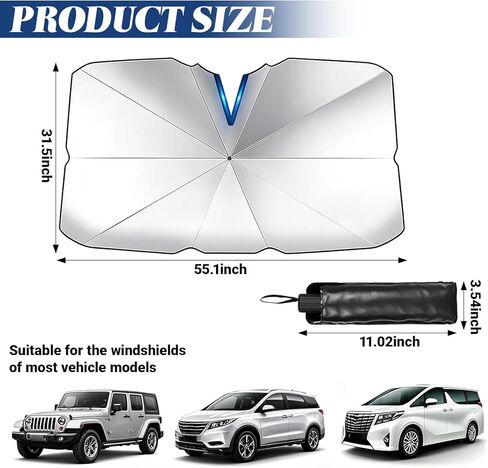 Car Windshield Sunshade Umbrella, Foldable Car Windshield Sun Shade Cover, 5 Layers UV Block Coating Protects from Sun Rays, Window Heat Insulation Protection for Car Windshield (55"x 31") in Kuwait