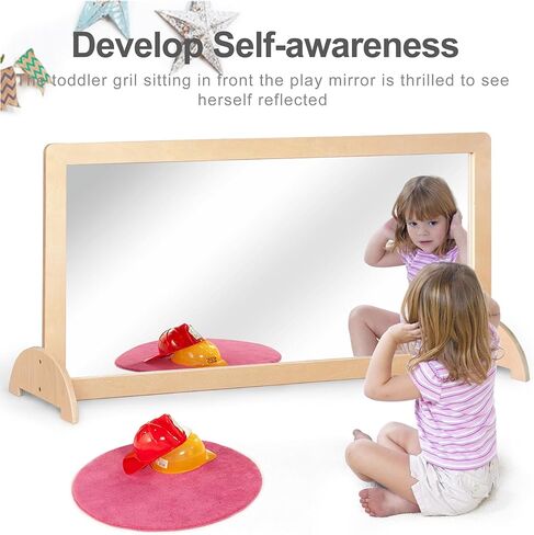KRAND 3-Position Montessori Wood Frame Non-Shatter Safety Pull Up Bar Baby Big Mirror Set, Infant Coordination Mirror, Kids Classroom Furniture for Daycare, Homeschool or Preschool in Saudi Arabia