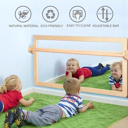 KRAND 3-Position Montessori Wood Frame Non-Shatter Safety Pull Up Bar Baby Big Mirror Set, Infant Coordination Mirror, Kids Classroom Furniture for Daycare, Homeschool or Preschool in Saudi Arabia