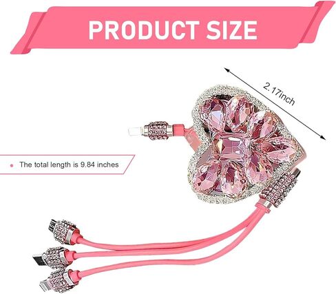 Car Retractable Multi Charging Cable, 3 in 1 Fast Charger Cord, Camellia Patterned/Heart-shaped Diamond-studded Car Charger Cable, Stylish for Women, Compatible with Phone, Tablets (Pink) in Saudi Arabia