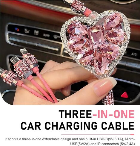 Car Retractable Multi Charging Cable, 3 in 1 Fast Charger Cord, Camellia Patterned/Heart-shaped Diamond-studded Car Charger Cable, Stylish for Women, Compatible with Phone, Tablets (Pink) in Saudi Arabia