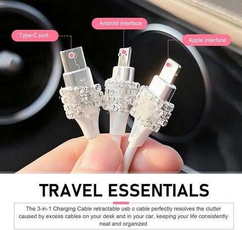 Car Retractable Multi Charging Cable, 3 in 1 Fast Charger Cord, Camellia Patterned/Heart-shaped Diamond-studded Car Charger Cable, Stylish for Women, Compatible with Phone, Tablets (Pink) in Saudi Arabia