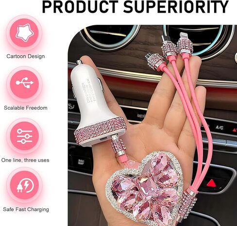 Car Retractable Multi Charging Cable, 3 in 1 Fast Charger Cord, Camellia Patterned/Heart-shaped Diamond-studded Car Charger Cable, Stylish for Women, Compatible with Phone, Tablets (Pink) in Saudi Arabia