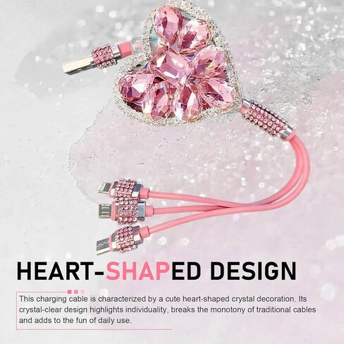 Car Retractable Multi Charging Cable, 3 in 1 Fast Charger Cord, Camellia Patterned/Heart-shaped Diamond-studded Car Charger Cable, Stylish for Women, Compatible with Phone, Tablets (Pink) in Saudi Arabia