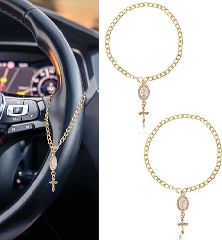 2 Pcs Steering Wheel Rosary Chain, Steering Wheel Chain Charm Cross Rosary for Car Christian Hanger Decor for Car Steerwheel Rearview Mirror, Hanger for Bag Accessories, Gold in Kuwait