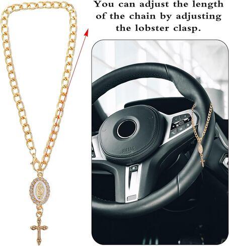 2 Pcs Steering Wheel Rosary Chain, Steering Wheel Chain Charm Cross Rosary for Car Christian Hanger Decor for Car Steerwheel Rearview Mirror, Hanger for Bag Accessories, Gold in Kuwait