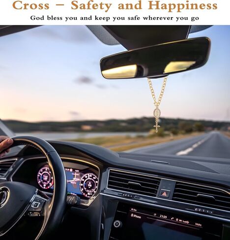2 Pcs Steering Wheel Rosary Chain, Steering Wheel Chain Charm Cross Rosary for Car Christian Hanger Decor for Car Steerwheel Rearview Mirror, Hanger for Bag Accessories, Gold in Kuwait