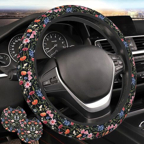 Black Leopard Print Steering Wheel Cover for Women Black Cheetah Print Steering Wheel Cover Animal Anti-Slip Universal Breathable 14-15-in 2 Car Cup Coasters for Women Men in Kuwait
