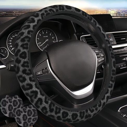 Black Leopard Print Steering Wheel Cover for Women Black Cheetah Print Steering Wheel Cover Animal Anti-Slip Universal Breathable 14-15-in 2 Car Cup Coasters for Women Men in Kuwait