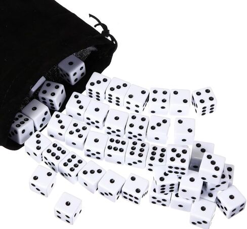 50 Pcs White Opaque Six Sided 16mm Dice with Black Color Pips with 1pc Drawstring Pouch for Rolling, Group Event, Board Games in Saudi Arabia