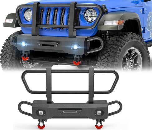 YZONA Wrangler JL & Gladiator JT المصد الأمامي مع واقي الشبكة 2018-2025 Gladiator JT، مصد للطرق الوعرة مع لوحة ونش، مصابيح LED، حلقات على شكل حرف D in Kuwait