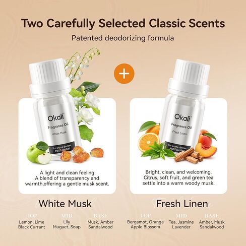 معطر هواء السيارة الذكي Okali، موزع زيوت عطرية بدون ماء للسيارة والمنزل، موزع روائح السيارة قابل لإعادة الملء، تشغيل/إيقاف تلقائي، مؤقت، بطارية 4000 مللي أمبير، سبائك الألومنيوم، الكتان الطازج والمسك الأبيض، [عناية لمدة عامين] in Kuwait