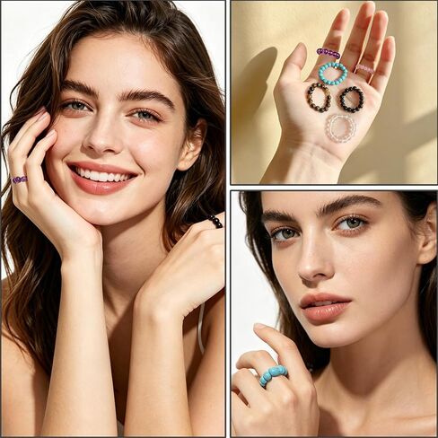 6 Pcs Fidget Anxiety Rings for Women Stretch Healing Crystal Beaded Rings for Anxiety Stress Relief Stone Thumb Pinky Spinner Ring, Fidget Jewelry Gift(Amethyst/Quartz/Turquoise) in Saudi Arabia