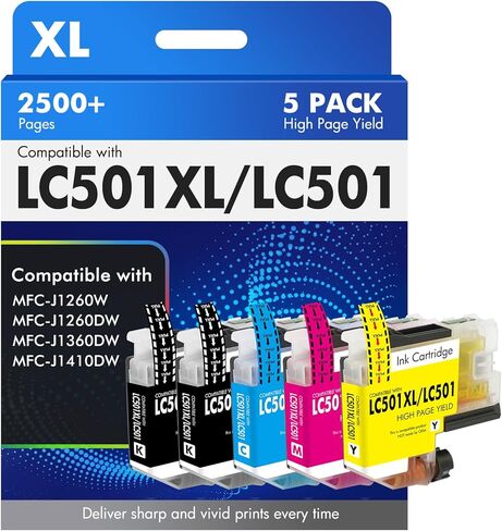 خراطيش حبر LC501XL LC501 MFC-J1360DW لطابعة Brother Work Smart 1360 MFC-J1260W MFC-J1260DW MFC-J1410DW MFC J1360DW J1260W J1260DW J1410DW سلسلة طابعات (5 عبوات، 2 أسود سماوي أرجواني أصفر) in Kuwait