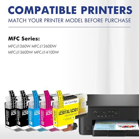 خراطيش حبر LC501XL LC501 MFC-J1360DW لطابعة Brother Work Smart 1360 MFC-J1260W MFC-J1260DW MFC-J1410DW MFC J1360DW J1260W J1260DW J1410DW سلسلة طابعات (5 عبوات، 2 أسود سماوي أرجواني أصفر) in Kuwait