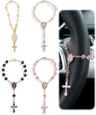 4PCS Car Rosary Charm for Rearview Mirror & Steering Wheel - Catholic Religious Gifts for Men & Women, Auto Accessories with Cross in Saudi Arabia