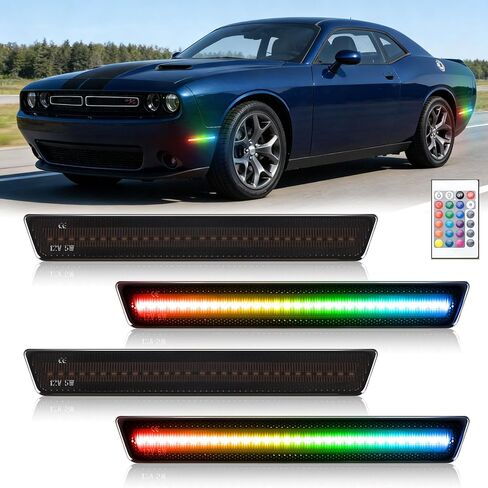 D-Lumina RGB LED Side Marker Light Compatible with Dodge Challenger 2015 2016 2017 2018 2019 2020 2021 2022 2023, Multi-Color Smoked Lens Front Rear White LED Bumper Fender Lamps, Pack of 4 in Kuwait