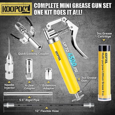 KOOPOOL Mini Grease Gun Kit, 4500 PSI Grease Gun with Upgraded Double-Handle 6-Jaw Lock and Seal Coupler, Includes 3oz Grease Cartridge, Precision Needle Nozzle & 12" Flex Hose in Saudi Arabia